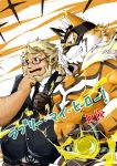  animal_humanoid anthro blonde_hair braided_hair clothing cover cover_page duo eyewear glasses hair hi_res huckle humanoid japanese_text live-a-hero male mask muscular muscular_male raiki spandex superhero text tight_clothing 