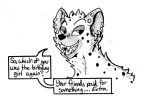  ... 2017 ? anthro bedroom_eyes black_and_white black_nose ear_piercing english_text eyeshadow fan_character hyaenid makeup male mammal monochrome narrowed_eyes piercing scruffy seductive simple_background smiling_at_viewer solo speech_bubble spiff spotted_hyena tavit_khalil_(spiff) teeth text white_background 