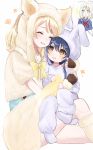  2girls age_difference animal_costume animal_hood ayase_arisa ayase_eli bangs blonde_hair blue_hair blush bunny_costume bunny_hood closed_eyes cosplay hair_between_eyes highres hood hood_up hug kigurumi long_hair looking_at_another love_live! love_live!_school_idol_project multiple_girls ponytail simple_background sitting sitting_on_lap sitting_on_person smile sonoda_umi white_background wolf_costume yellow_eyes younger 