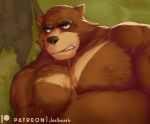  2020 anthro belly black_nose brown_body brown_fur fur joelbearb juuichi_mikazuki male mammal morenatsu nipples overweight overweight_anthro overweight_male solo ursid video_games visual_novel 