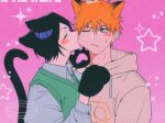  1boy 1girl :&lt; alternate_costume animal_ears animal_hands biting biting_another&#039;s_cheek black_hair bleach blue_shirt blush_stickers brown_eyes brown_hoodie cat_boy cat_ears cat_girl cat_tail cheek_biting closed_eyes closed_mouth collared_shirt commentary_request couple eyebrows_hidden_by_hair eyelashes fang frown gloves green_sweater_vest gwao_(_ul_13) hair_between_eyes hand_on_another&#039;s_chest hetero highres hood hood_down hoodie kemonomimi_mode korean_commentary kuchiki_rukia kurosaki_ichigo one_eye_closed open_mouth orange_hair paw_gloves pink_background profile sanpaku shirt simple_background skull_print sparkle spiked_hair star_(symbol) straight_hair sweatdrop sweater_vest tail tail_raised upper_body v-shaped_eyebrows 