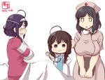  3girls :3 ahoge alternate_costume arm_sling artist_logo bandaged_arm bandages black_hair blanket blue_eyes braid brown_hair cast child clipboard commentary_request dated doctor eyepatch hair_over_shoulder hairband hat highres holding holding_clipboard kanon_(kurogane_knights) kantai_collection labcoat low_twintails multiple_girls nurse nurse_cap open_mouth pillow purple_hair ryuuhou_(kantai_collection) shigure_(kantai_collection) short_hair simple_background single_braid smile stethoscope taigei_(kantai_collection) twintails white_background white_hairband yamashiro_(kantai_collection) younger 