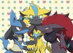  :&lt; arm_around_neck blue_eyes claws e_no_n_old fang gen_4_pokemon gen_5_pokemon gen_7_pokemon green_eyes holding_hand leaning_on_person lucario mythical_pokemon open_mouth pokemon red_eyes red_hair sandwiched smile sweatdrop yellow_fur zeraora zoroark 