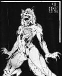 0l-fox-l0 anthro arm_wound black_and_white bone breast_wound breasts canid canine chest_scar creepy cut_(wound) fangs feet female fox ghoul gore guts hi_res intestines leg_wound mammal monochrome nightmare_fuel open_mouth organs ribs scar solo talons teeth text toes torn_apart torso_wound undead wounded zombie