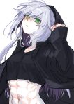  1girl abs black_clothes breasts commentary_request crop_top dodome_ichika green_eyes hair_between_eyes hand_up heterochromia highres hood long_sleeves looking_at_viewer messy_hair midriff muscle muscular_female navel open_mouth original ribs sidelocks silver_hair simple_background small_breasts solo upper_body waka_(shark_waka) white_background yellow_eyes 
