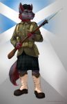  2018 anthro bayonet belt_pouch black_nose canid canine canis clothed clothing email eyebrows flag_background fluffy fluffy_tail fully_clothed fur gun hair hat headgear headwear hi_res kilt knife male mammal military military_boots military_cap military_clothing military_uniform pimpartist purple_body purple_fur ranged_weapon red_beard red_hair rifle scottish scottish_flag simple_background solo standing traditional_media_(artwork) uniform video_games weapon wolf world_war_1 yellow_eyes 