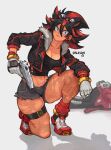  1girl abs absurdres black_hair bracelet breasts closed_mouth cropped_jacket dark_skin dr._eggman english_commentary full_body fur_collar gabriel_ales genderswap gloves gold_bracelet gun highres holding holding_gun holding_weapon humanization jacket jewelry long_hair long_sleeves looking_at_viewer multicolored_hair muscular muscular_female red_eyes red_hair shadow_the_hedgehog shirt shoes simple_background sonic_(series) spiked_hair thick_thighs thighs two-tone_hair weapon white_background white_gloves 