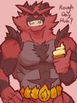  3:4 anthro black_body black_fur claws dessert dialogue english_text eyes_closed fanofthefurr fire food fur grin hand_on_hip hi_res holding_food holding_ice_cream holding_object ice_cream incineroar male nintendo pok&eacute;mon pok&eacute;mon_(species) red_body red_fur simple_background smile solo teeth text video_games 