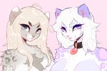  2019 3:2 anthro belly big_breasts black_collar blonde_hair blue_eyebrows blue_eyes breasts chest_tuft collar digital_media_(artwork) duo ear_piercing eyebrows facial_piercing felid female fur grey_body grey_fur grey_markings grey_spots hair headshot_portrait ichiigoneko kohana leopard long_hair looking_up mammal markings nose_piercing nose_ring pantherine piercing pink_markings pink_nose pink_spots portrait purple_body purple_ears purple_eyes purple_fur purple_markings purple_spots shoulder_tuft simple_background smile snow_leopard spots tuft white_belly white_body white_ears white_eyebrows white_hair white_muzzle 