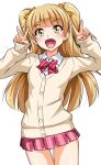  1girl blonde_hair blush bow bowtie breasts brown_cardigan cardigan cowboy_shot dot_nose double_v fang hair_bow hair_ribbon hands_up highres idolmaster idolmaster_cinderella_girls idolmaster_cinderella_girls_starlight_stage jougasaki_rika long_hair long_sleeves looking_at_viewer miniskirt open_mouth orange_ribbon pink_skirt plaid_clothes plaid_skirt pleated_skirt red_bow red_bowtie ribbon school_uniform shirt simple_background skirt small_breasts smile solo standing striped_bow striped_bowtie striped_clothes two_side_up v white_background white_shirt yellow_eyes yopparai_oni 