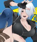  1girl angel_(kof) background_text bangs blue_eyes boots bra breasts butcha-u chaps cleavage close-up cowboy_boots cropped_jacket face fingerless_gloves gloves hair_over_one_eye highres jacket large_breasts looking_at_viewer open_mouth portrait snk solo the_king_of_fighters the_king_of_fighters_xiv underwear upper_body 