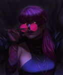  1boy absurdres claws dark demon_girl eyewear_removed glasses glowing glowing_eyes highres jewelry k/da_(league_of_legends) k/da_evelynn league_of_legends lipstick long_hair looking_at_viewer makeup necklace purple_hair solo succubus tamarussia 