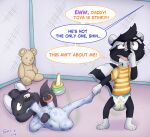 absurd_res annoyed anthro baby_fur bodily_fluids canid canine canis clothed clothing covering_nose dialogue diaper dragging_another drooling duo feces feet foot_fetish foot_in_mouth foot_play full_diaper genital_fluids happy hi_res lying male male/male mammal mephitid on_back pajamas playpen plushie saliva shirt skunk smelly soiled_diaper soiling stink_fumes strigiform_(artist) stripes topwear toy toya_pup unclean_diaper urine used_diaper wet_diaper wolf
