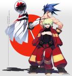  2boys :d ;d blue_hair boots from_behind full_body galo_thymos green_hair highres holding instanttnoodle jacket lio_fotia looking_back male_focus multiple_boys muscle one_eye_closed open_mouth pants promare purple_eyes red_jacket red_pants smile spiked_hair standing standing_on_one_leg 