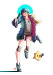  1girl 1other alternate_costume automatic_giraffe black_eyes black_gloves blue_headwear blue_jacket floating_hair gloves gun hand_on_headwear handgun hat holding holding_gun holding_weapon jacket jewelry knee_pads leg_up long_hair looking_to_the_side luma_(mario) mario_(series) necklace pistol red_eyes rosalina short_shorts shorts star_(symbol) star_necklace super_mario_galaxy v-shaped_eyebrows weapon white_background 