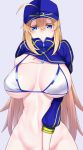  1girl ahoge artoria_pendragon_(all) bangs baseball_cap bikini blonde_hair blue_eyes blue_headwear blue_jacket blush breasts cleavage colored_eyelashes cropped_jacket fate/grand_order fate_(series) hair_between_eyes hair_through_headwear hat highres jacket large_breasts long_hair long_sleeves looking_at_viewer mysterious_heroine_xx_(foreigner) navel shrug_(clothing) sidelocks swimsuit watosu white_bikini 