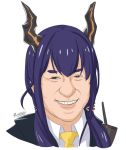  arknights black_jacket blue_hair ch&#039;en_(arknights) dragon_horns face horns jacket jackie_chan looking_at_viewer medium_hair neckwear open_mouth paran01d portrait shirt simple_background smile solo teeth white_background white_shirt 