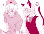  1boy amuro_tooru anger_vein animal_ears bangs bell blush bow cat_ears cat_tail closed_eyes collared_shirt commentary_request crossdressing embarrassed fake_animal_ears fake_tail gag gagged hair_between_eyes hat heart jingle_bell long_sleeves looking_at_viewer male_focus mashima_shima meitantei_conan monochrome multiple_views nurse nurse_cap parted_lips shirt short_hair short_sleeves sweatdrop tail twitter_username upper_body vest white_background 
