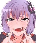  1girl bangs blush cheek_pull commentary embarrassed eyebrows_visible_through_hair face fangs hair_between_eyes hair_ornament hibimegane nose_blush open_mouth purple_eyes purple_hair short_hair_with_long_locks simple_background solo upper_body vocaloid voiceroid white_background yuzuki_yukari 