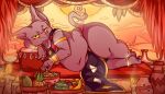  anthro banana belly big_butt butt champa clothing deity dragon_ball dragon_ball_super food fruit gold_(metal) gold_jewelry hi_res jewelry loincloth lying male navel on_side plant purple_body salamikii solo 