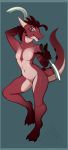  3_toes absurd_res anthro blue_border border breasts elicitie featureless_breasts female genitals hi_res holding_object holding_weapon horn kobold non-mammal_breasts nude pussy reptile scalie small_breasts solo spikes thick_tail toes tweak weapon 