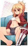  1girl bandeau bangs belt blonde_hair blush breasts bulge commission denim denim_shorts fate/apocrypha fate_(series) futanari green_eyes highres jacket long_hair long_sleeves medium_breasts mordred_(fate) mordred_(fate)_(all) navel open_clothes open_jacket pokilewd ponytail self_fondle short_shorts shorts sitting solo spread_legs sword weapon 