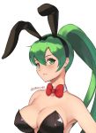  1girl alternate_costume animal_ears armpits artist_name bow bowtie breasts bunny_ears cleavage close-up covered_nipples detached_collar english_commentary fake_animal_ears fire_emblem fire_emblem:_the_blazing_blade green_hair leotard light_blush looking_at_viewer lyn_(fire_emblem) medium_breasts playboy_bunny playboy_bunny_leotard ponytail red_neckwear sideboob smile solo spiffydc tied_hair 