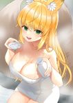  absurdres ahoge animal_ears bath blonde_hair bottle breasts character_request cleavage copyright_request cup fang fox_ears fox_girl fox_tail green_eyes highres holding holding_bottle holding_cup naked_towel skin_fang tail teltelhousi towel wet 