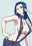  bare_shoulders blue_eyes blue_hair breasts dress hand_on_hip large_breasts long_hair original pointy_ears revealing_clothes sideboob yagisaka_seto 