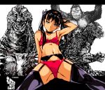  1girl black_legwear blue_eyes breasts choker cleavage closed_mouth collarbone commentary_request crotch_seam godzilla godzilla_(series) hair_ribbon hand_up kamisimo_90 legs long_hair looking_at_viewer medium_breasts navel original panties ribbon sitting solo spread_legs twintails twintails_girl_(kamisimo_90) underwear 