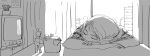  2girls arms_on_table bow_hairband closed_eyes curtains fingernails greyscale hairband head_on_table indoors kagamine_rin meiko_(vocaloid) mini_person minigirl monochrome multiple_girls nippori_honsha short_hair size_difference sleeping table teapot television vocaloid window 