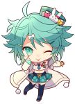  1boy ;p ahoge akanbe black_legwear blush boots chibi closed_mouth crop_top full_body green_eyes green_hair hair_ornament hairclip hat hat_pin holostars jacket kagami_kira long_sleeves looking_at_viewer male_focus midriff navel necktie nyokkiiiiin one_eye_closed otoko_no_ko pleated_skirt pom_pom_(clothes) skirt smile solo thigh_boots thighhighs tongue tongue_out transparent_background virtual_youtuber 