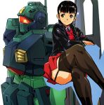  1girl bangs black_hair black_jacket blue_neckwear blunt_bangs braid breasts brown_eyes brown_legwear commentary_request crossed_legs garter_straps gundam invisible_chair jacket kamisimo_90 looking_at_viewer mecha medium_breasts necktie original plain_girl_(kamisimo_90) pleated_skirt red_jacket red_skirt school_uniform shirt sitting skirt smile thighhighs thighs twin_braids white_shirt 