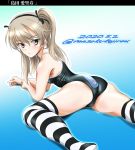  1girl absurdres ass bangs black_legwear black_ribbon black_swimsuit blue_background character_name closed_mouth commentary crotch_seam dated elbow_rest emblem eyebrows_visible_through_hair girls_und_panzer gradient gradient_background hair_ribbon highres light_brown_eyes light_brown_hair light_frown long_hair looking_at_viewer looking_back lying on_stomach one-piece_swimsuit one_side_up print_swimsuit ribbon selection_university_(emblem) shadow shimada_arisu skindentation solo striped striped_legwear swimsuit thighhighs tomokoji twitter_username 