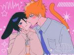  &gt;_o 1boy 1girl :&lt; alternate_costume animal_ears biting biting_another&#039;s_cheek black_hair bleach blue_necktie blue_shirt blush_stickers brown_eyes brown_hoodie cat_boy cat_ears cat_tail cheek_biting closed_mouth collared_shirt commentary_request couple double-parted_bangs eyebrows_hidden_by_hair fang fingernails floppy_ears gwao_(_ul_13) hair_between_eyes hand_on_another&#039;s_chin hand_up heart hetero highres hood hoodie kemonomimi_mode korean_commentary kuchiki_rukia kurosaki_ichigo long_fingernails long_sleeves looking_at_another necktie one_eye_closed open_mouth orange_hair pink_background profile puffy_long_sleeves puffy_sleeves purple_eyes rabbit_ears rabbit_girl sharp_fingernails shirt short_hair simple_background sleeves_past_fingers sleeves_past_wrists sparkle spiked_hair star_(symbol) straight_hair tail tail_raised tsurime upper_body v-shaped_eyebrows 