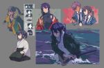  3boys :d ? absurdres aged_down black_gloves black_hakama blue_jacket blue_necktie brown_pants choker collarbone collared_shirt covered_pectorals dark-skinned_male dark_skin dated dripping earrings ensemble_stars! fingerless_gloves fish floating_hair gloves green_jacket grey_background hair_between_eyes hair_over_shoulder hakama hakama_pants hands_on_lap hatena_to_kinoko high_collar highres holding holding_phone holding_sword holding_weapon hunched_over idol jacket japanese_clothes jewelry kanzaki_souma katana kimono lone_nape_hair long_hair long_sleeves looking_at_viewer male_focus motoyui multiple_boys multiple_views necktie o-ring o-ring_choker ocean official_alternate_costume otogari_adonis pants parted_bangs partially_submerged pectoral_cleavage pectorals phone ponytail purple_eyes purple_hair scabbard scene_reference school_uniform seiza sheath shinkai_kanata shirt short_hair short_ponytail sidelocks single_earring single_off_shoulder sitting sleeveless smile sword teeth upper_teeth_only v-shaped_eyebrows wading water waves wavy_hair weapon wet wet_clothes wet_hair white_kimono white_shirt wide_sleeves wing_collar yumenosaki_school_uniform 