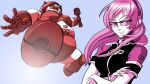  1girl closed_mouth crossed_arms fingernails glasses headset long_hair looking_at_viewer mecha megurine_luka meiko_(vocaloid) multiple_monochrome nippori_honsha pink_hair robot short_hair solo tinted_eyewear upper_body vocaloid 
