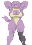  abs anthro armpit_hair audunor body_hair canid canine canis clothing female flexing hair hair_over_eye hi_res legwear long_hair mammal muscular muscular_anthro muscular_female one-piece_swimsuit one_eye_obstructed purple_body solo swimwear thigh_highs tongue tongue_out wolf 