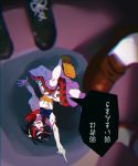  falling hisuipechika kijin_seija middle_finger multicolored_hair open_mouth red_eyes shoes short_hair touhou translation_request upside-down_text 