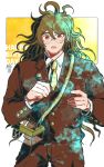  1boy blush brown_suit buttons commentary cowboy_shot danganronpa dated english_text formal glasses gokuhara_gonta green_hair hair_between_eyes kiri_(2htkz) long_hair long_sleeves looking_at_viewer male_focus messy_hair necktie new_danganronpa_v3 open_mouth red_eyes round_eyewear shirt simple_background solo suit surprised wavy_hair white_background white_shirt yellow_background yellow_neckwear 