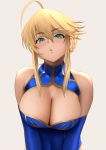  1girl ahoge artoria_pendragon_(all) artoria_pendragon_(lancer) bangs bare_shoulders blonde_hair blue_gloves blue_leotard blush braid breasts cleavage collarbone commentary_request elbow_gloves eyebrows_visible_through_hair fate/grand_order fate_(series) french_braid gloves green_eyes hair_between_eyes head_tilt highres large_breasts leotard looking_at_viewer open_mouth parted_lips pouty_lips short_hair sidelocks simple_background solo upper_body yamaneko_(tkdrumsco) 