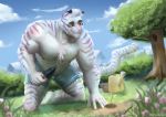  anthro bottomwear bulge chest_tuft clothed clothing eyewear felid flower fur gardening glasses grass kneeling male mammal outside pantherine plant shorts sirtoastybuns smile solo striped_body striped_fur stripes tiger topless tree trowel tuft watering_can white_body white_fur 