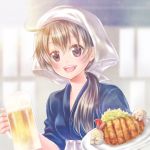  1girl :d alcohol apron beer beer_mug black_hair brown_eyes cup food hair_over_shoulder head_scarf hinahiyo1014 holding holding_cup indoors isekai_izakaya_&quot;nobu&quot; japanese_clothes katsu_(food) long_hair looking_at_viewer mug open_mouth plate ponytail samue senke_shinobu smile upper_body upper_teeth waist_apron waitress white_headwear 