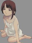  1girl asymmetrical_hair barefoot brown_eyes brown_hair dress gauss_&lt;bokashi hair_ornament hairclip iwakura_lain looking_at_viewer serial_experiments_lain short_hair simple_background sleeveless solo white_dress x_hair_ornament 