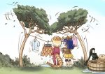  2girls animal_ears armadillo_ears armadillo_tail armor blonde_hair blue_hair chibi clothes clothesline commentary_request day dripping drying drying_clothes elbow_pads facing_away from_behind full_body giant_armadillo_(kemono_friends) giant_pangolin_(kemono_friends) grass hanging hat jacket kemono_friends knee_pads laundry laundry_basket long_hair medium_hair miniskirt multiple_girls outdoors ozora_tetsu pangolin_ears pangolin_tail pants pleated_skirt shirt shoes short_sleeves shoulder_armor skirt standing sweater_vest tail track_jacket track_pants track_suit tree water wet wet_clothes 