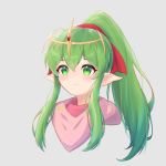  1girl cropped_torso fire_emblem fire_emblem:_mystery_of_the_emblem green_eyes green_hair grey_background hair_ornament hair_ribbon highres long_hair manakete miragetiki pointy_ears ponytail ribbon short_hair_with_long_locks simple_background smile solo tiara tiki_(fire_emblem) 