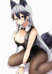  1girl absurdres animal_ear_fluff animal_ears blush breasts brown_legwear cleavage collarbone dragon_star2 extra_ears eyebrows_visible_through_hair fox_ears fox_girl fox_tail highres kemono_friends large_breasts long_hair looking_at_viewer pantyhose silver_fox_(kemono_friends) silver_hair simple_background sitting smile solo tail wariza white_background wrist_cuffs yellow_eyes 