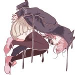  animal_hood black_hoodie black_legwear cat_hood commentary danganronpa full_body hood hood_up hoodie kiri_(2htkz) long_sleeves looking_down melting nanami_chiaki necktie pink_eyes pink_footwear pink_hair pink_neckwear profile shirt short_hair simple_background skirt sleeves_past_wrists super_danganronpa_2 thighhighs white_background white_shirt yellow_skirt 