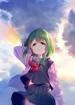  1girl :o arm_behind_head bangs black_serafuku black_shirt black_skirt blush bow cardigan cloud cloudy_sky eyebrows_visible_through_hair green_eyes green_hair hair_bow hair_ornament hairclip hand_up highres long_hair meito_(maze) morinaka_kazaki neckerchief nijisanji open_cardigan open_clothes outdoors parted_lips pink_bow pink_cardigan pleated_skirt red_neckwear sailor_collar school_uniform serafuku shirt skirt sky solo sunset virtual_youtuber white_sailor_collar wind wind_lift 