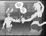  2020 anthro beverage black_bars bottomwear bulge clothing cougar dialogue duo eldiman english_text felid feline female hair hi_res holding_beverage holding_glass holding_object lagomorph leporid letterbox long_hair male mammal monochrome rabbit shorts text topless_male water wet wet_clothing 